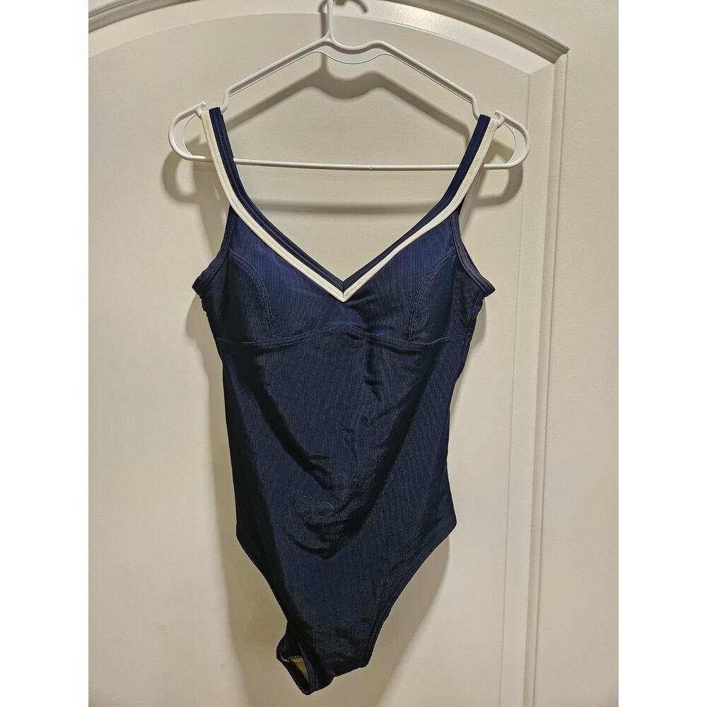 VTG Maillot Baltex Navy Blue One Piece Swimsuit Sz 10 Ribbed V Back Beach Summer